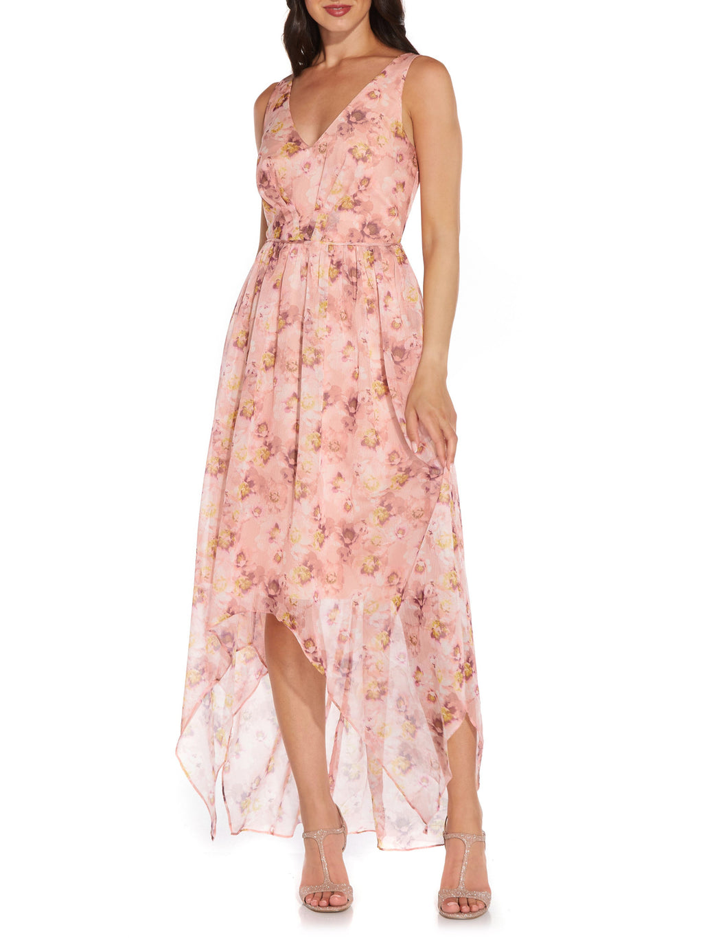 Coral Zippered Floral Sleeveless V Neck Maxi Dress I314144
