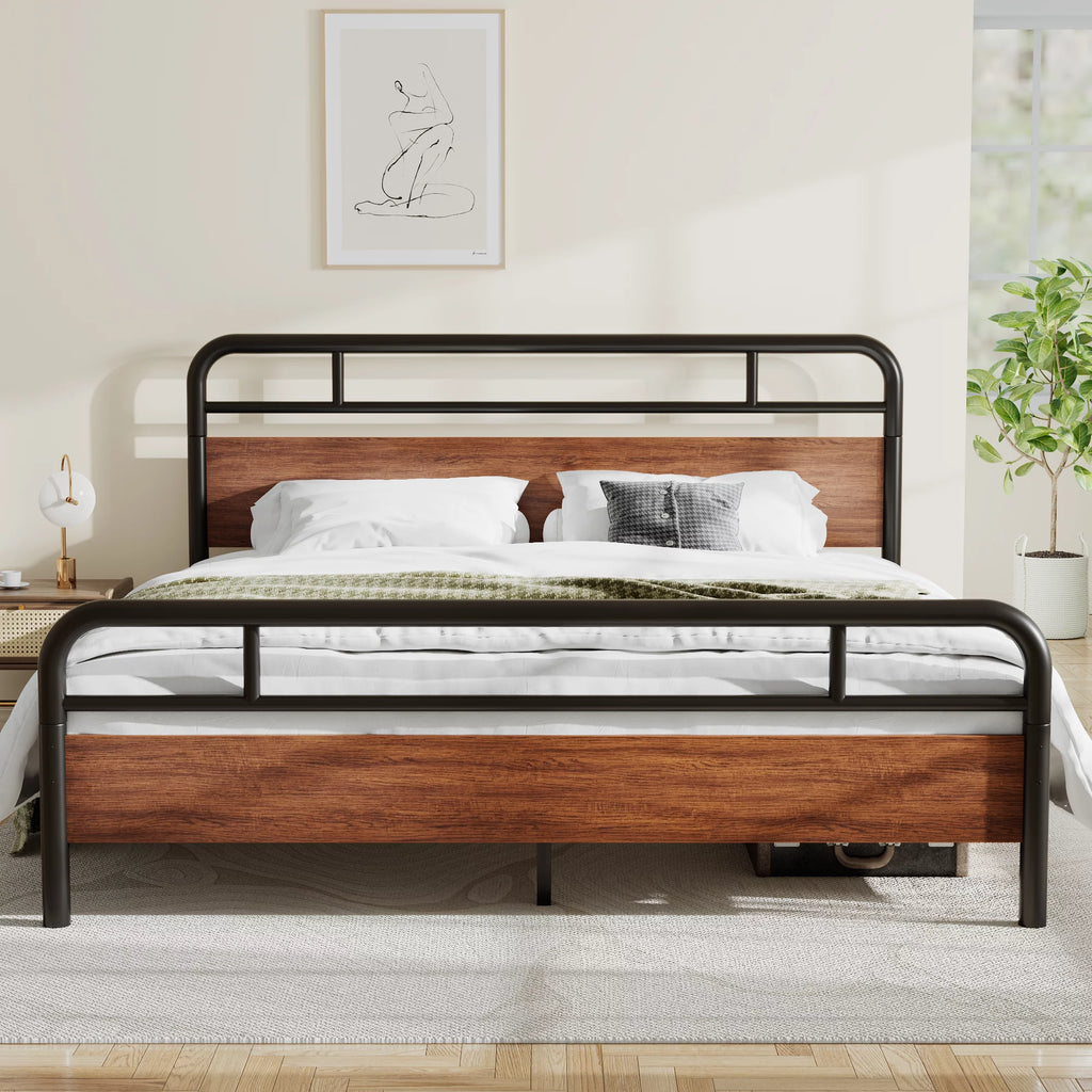 Light Brown King Size Metal Platform Bed Frame with Headboard I940