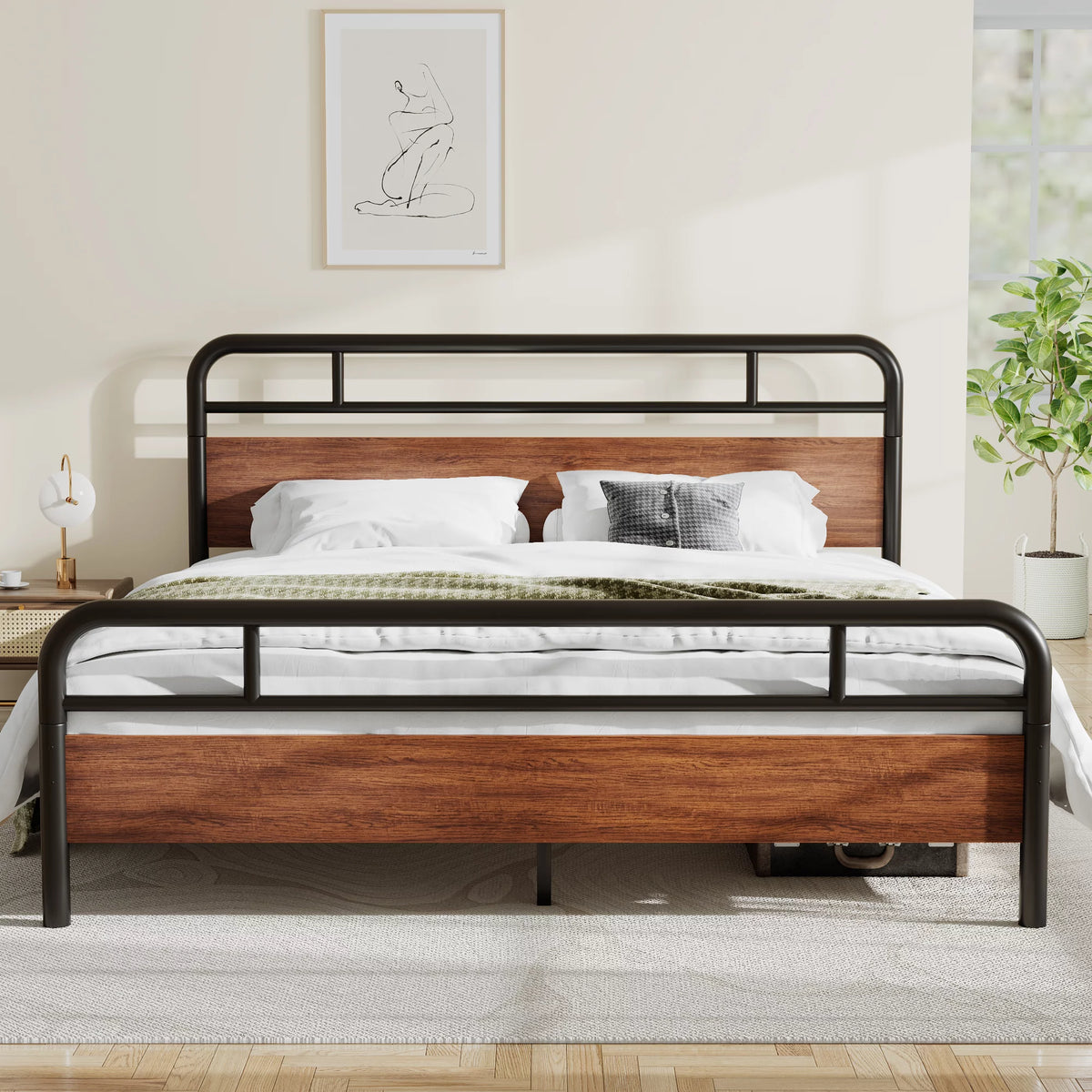 Light Brown King Size Metal Platform Bed Frame with Headboard I940