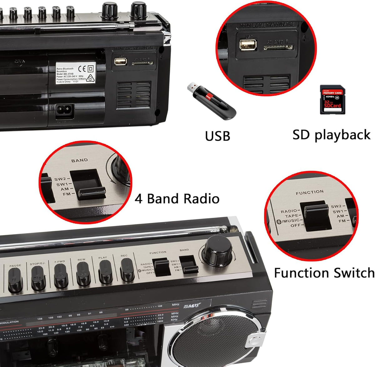 Black Retro Bluetooth Boombox Radio Cassette Player Recorder F43127