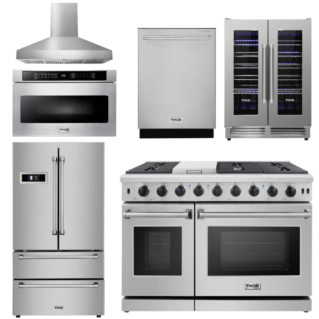 48 in. Gas Range, Range Hood, Refrigerator, Dishwasher, Wine Cooler, Microwave F75848