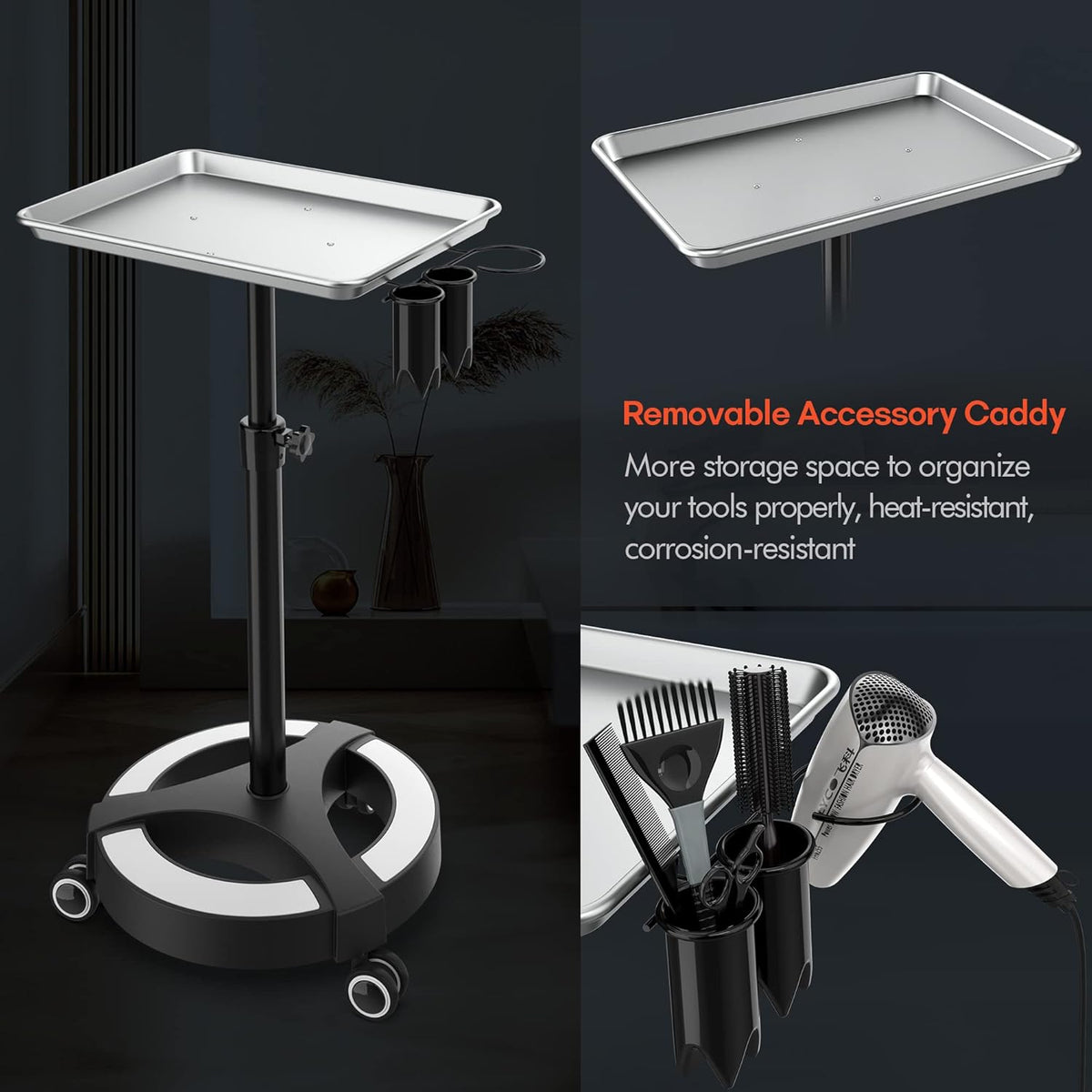 Adjustable Height Aluminum Salon Tray Cart with Accessory Caddy O615