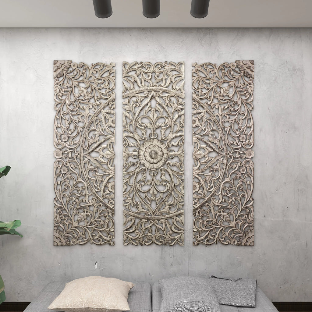 Handmade Gray Carved Floral Wall Décor, Set of 3 X41497