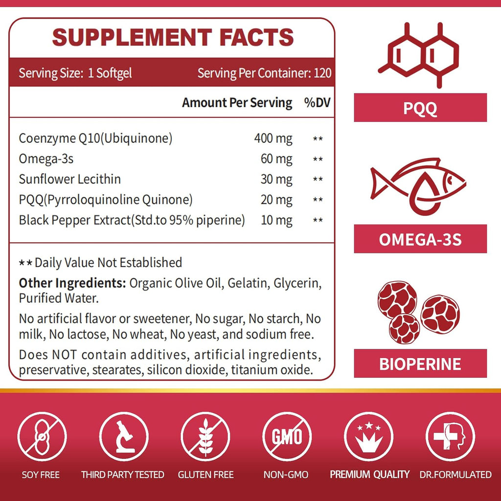 CoQ10 400mg Softgels with PQQ, BioPerine & Omega-3, 120 Servings W259