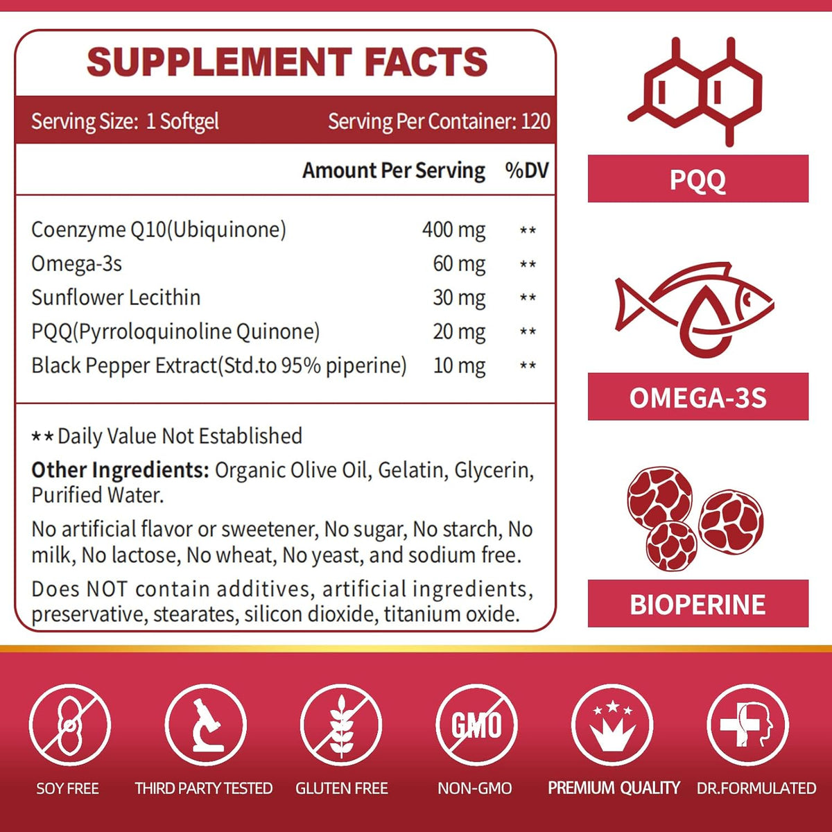 CoQ10 400mg Softgels with PQQ, BioPerine & Omega-3, 120 Servings W259