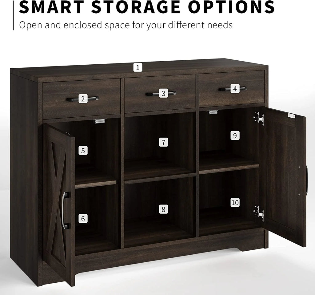 Dark Brown Wood Buffet Storage Cabinet with Barn Doors O343