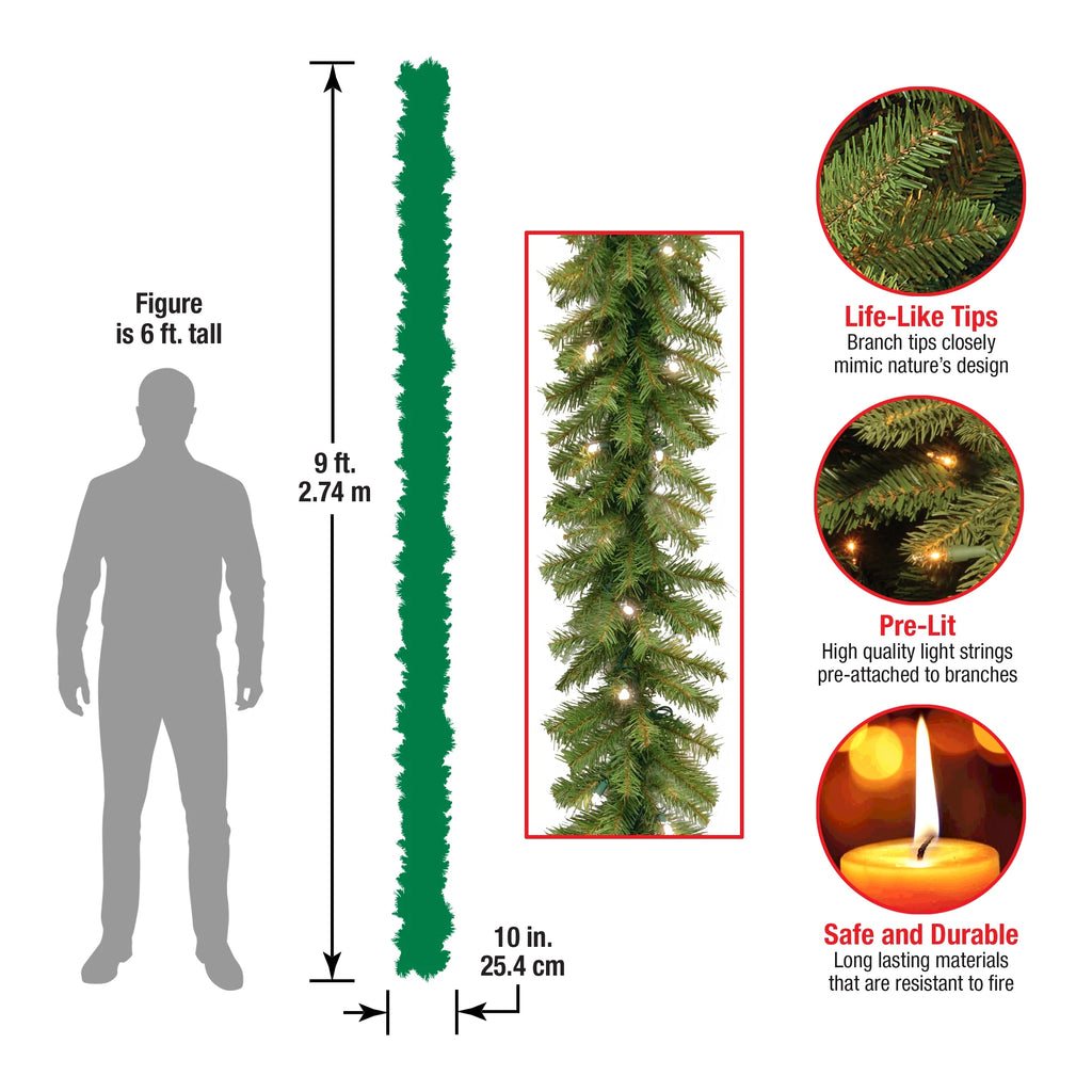 Pre-Lit Artificial Christmas Garland, Green, Norwood Fir, White Lights, 9 Feet U9466