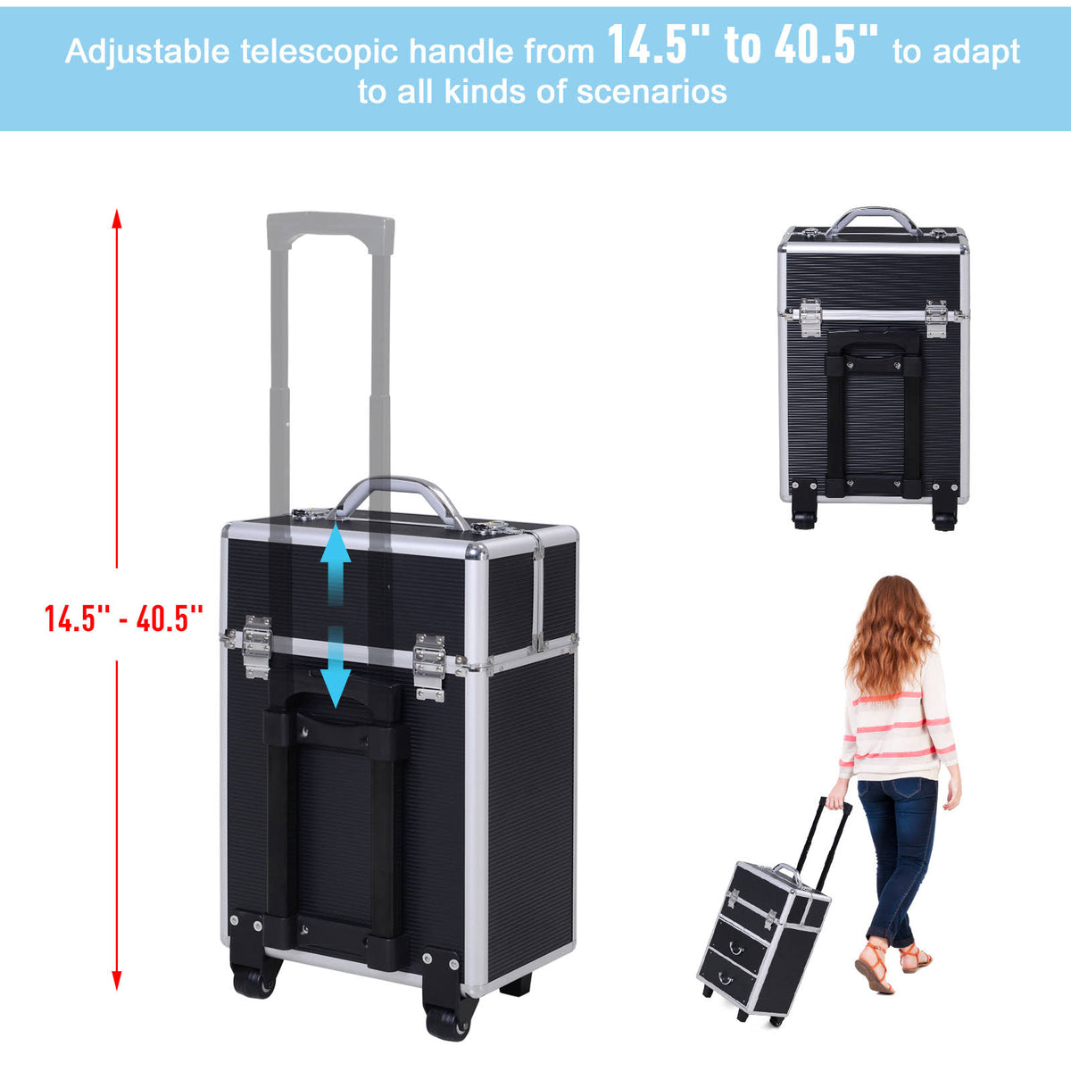 4 Tier Lockable Cosmetic Train Case with Extendable Trays Black B14608