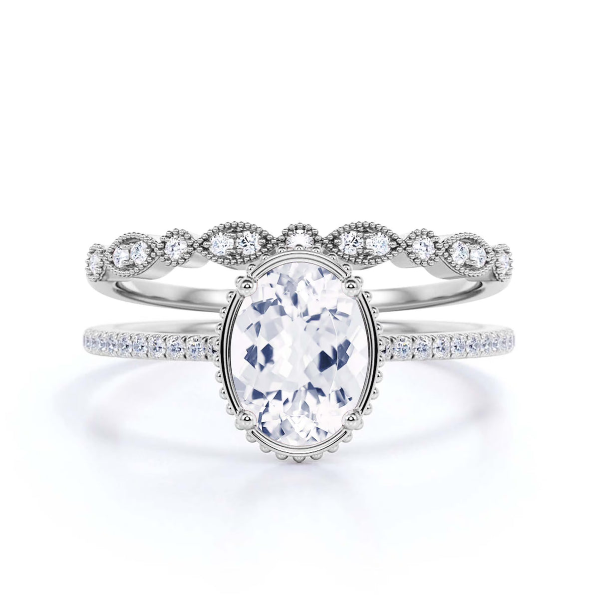 10k Solid White Gold Oval Cut Diamond Moissanite Engagement Ring with Matching Band I211625