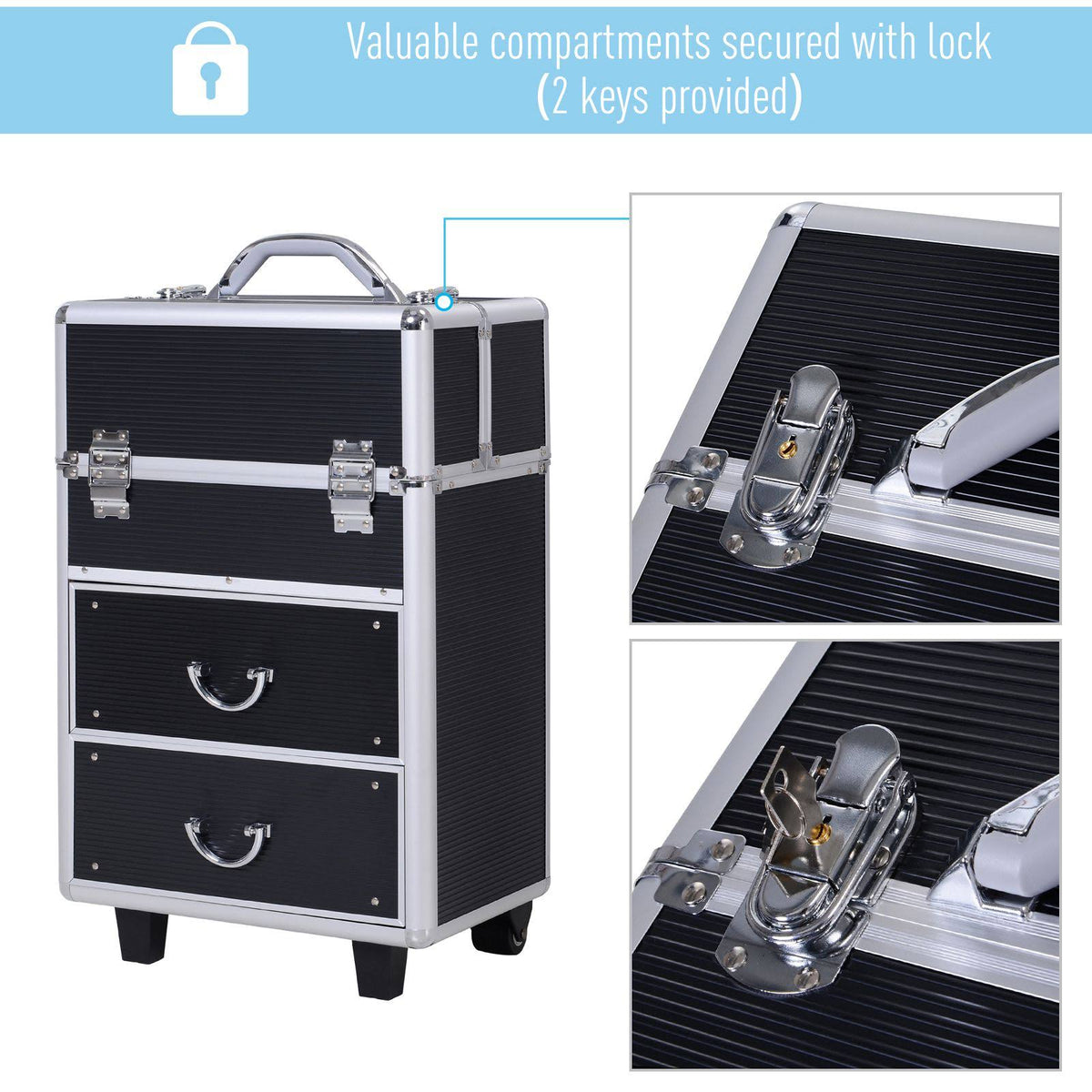 4 Tier Lockable Cosmetic Train Case with Extendable Trays Black B14608