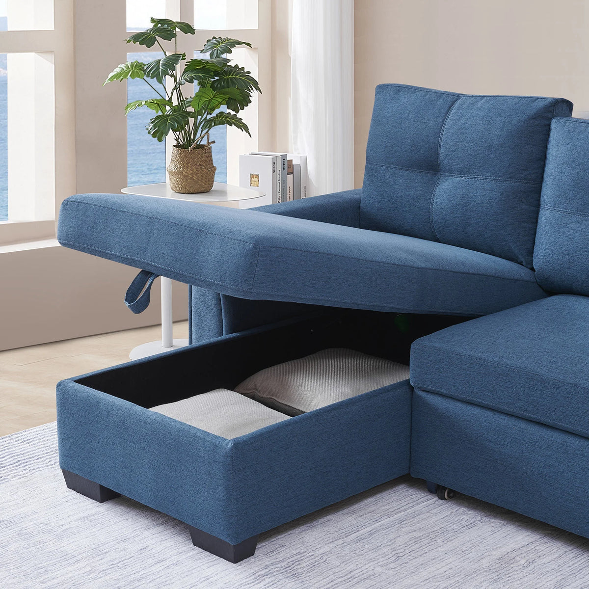 Blue L-Shape Pull-Out Sleeper Sectional Sofa R630