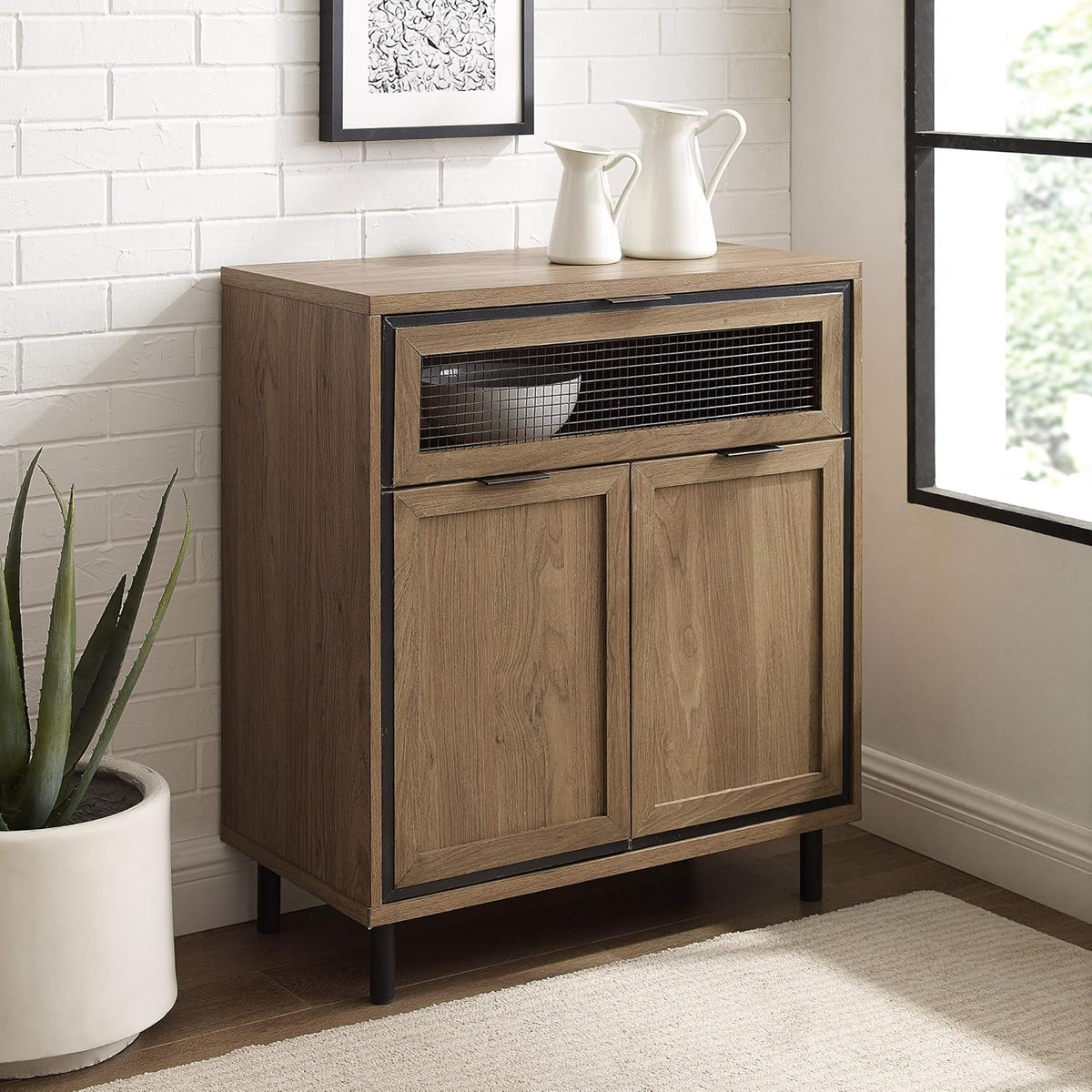 Rustic Oak 48 Inch Metal Mesh and Wood Corner TV Stand with Open Shelves Cabinet Doors L66958