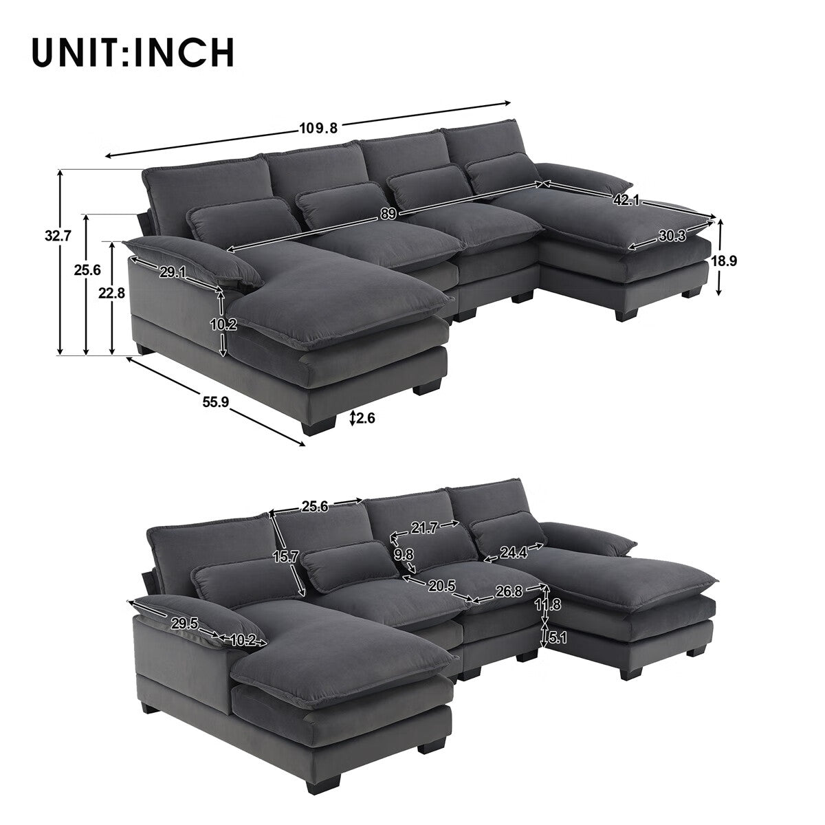 U-shaped Sectional Sofa with Waist Pillows A20914