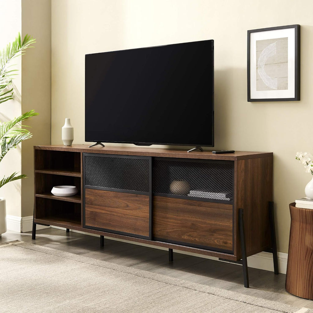 Rustic Oak 48 Inch Metal Mesh and Wood Corner TV Stand with Open Shelves Cabinet Doors L66958