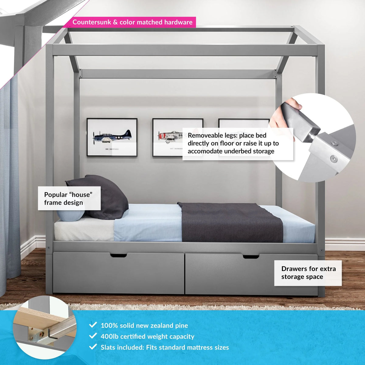 Twin Size Grey Wooden House Bed Frame with Storage Drawers U698