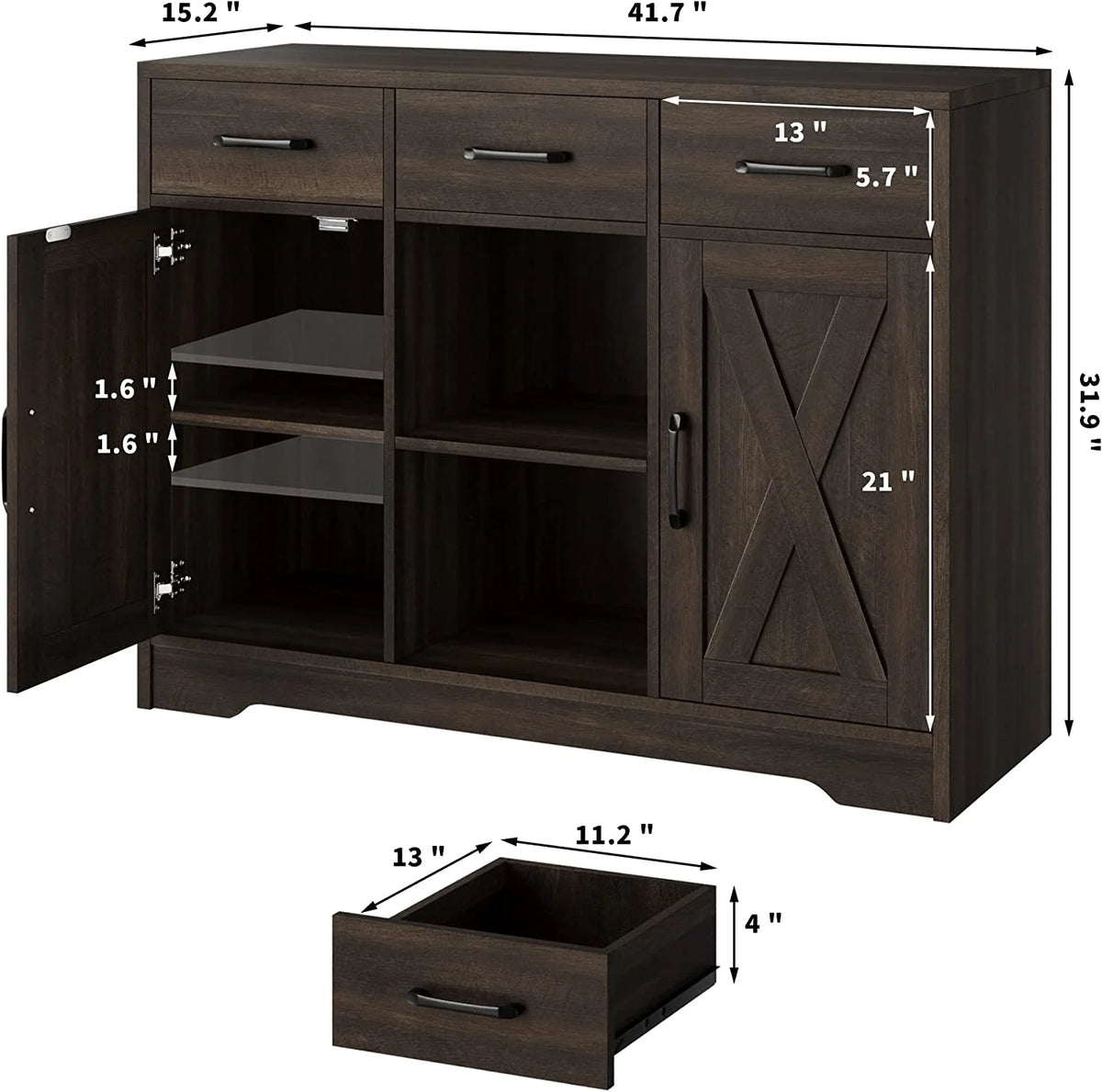 Dark Brown Wood Buffet Storage Cabinet with Barn Doors O343
