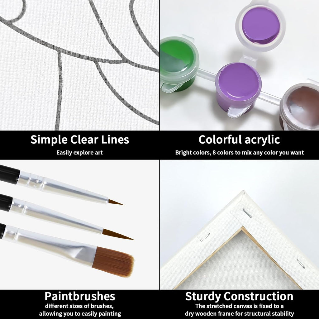 Pre Drawn Canvas Painting Kit with 1 Easel, 8 Acrylic Colors, 3 Brush, 1 Pallet (8x10) S847526