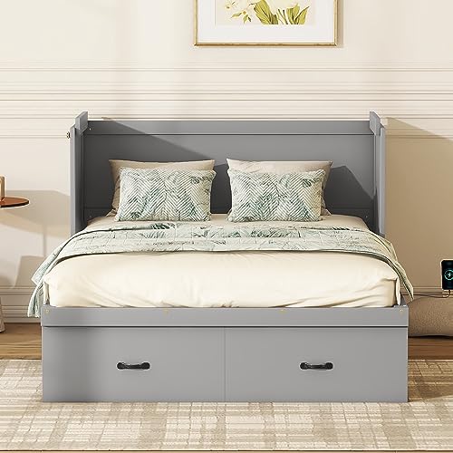 White Queen Size Foldable Wood Wall Bed Frame with Shelves and LED Lights Z620738