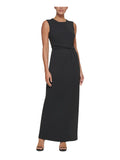Black Stretch Beaded Zippered Back Slit Lined Sleeveless Round Neck Full-Length Formal Gown Dress O5349