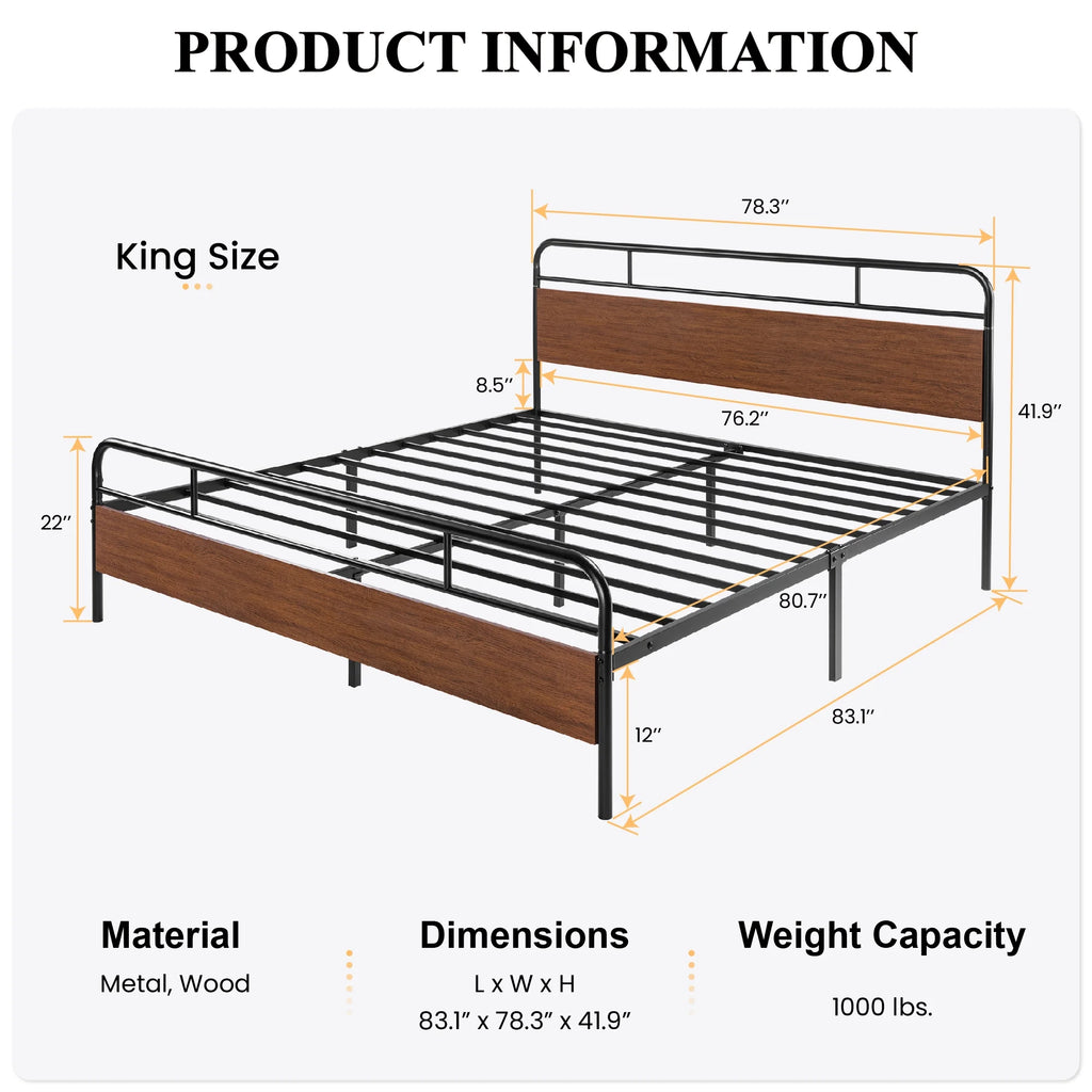 Light Brown King Size Metal Platform Bed Frame with Headboard I940