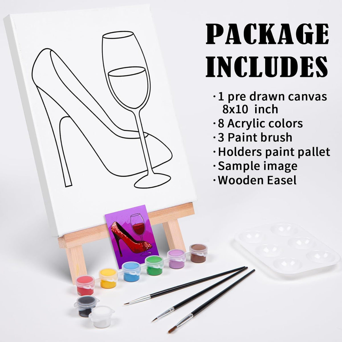 Pre Drawn Canvas Painting Kit with 1 Easel, 8 Acrylic Colors, 3 Brush, 1 Pallet (8x10) S847526