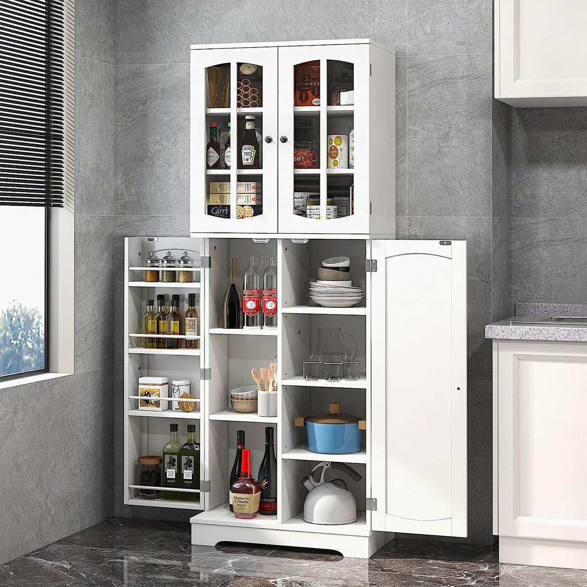 White Wood Kitchen Pantry Storage Cabinet with Doors and Shelves M26442
