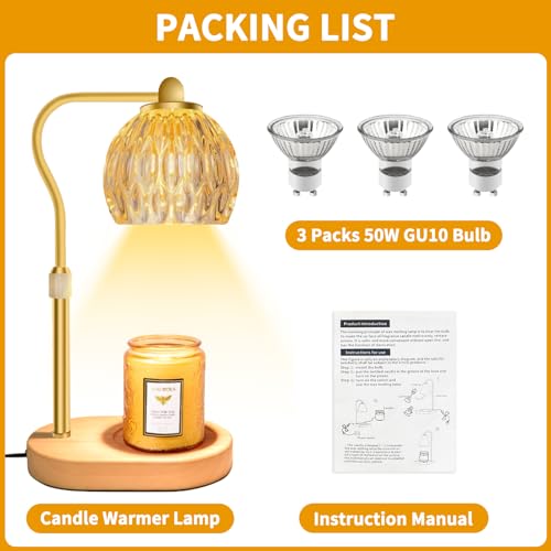 Candle Warmer Lamp with 3 Bulbs, Dimmable Adjustable Hight Gold H40017