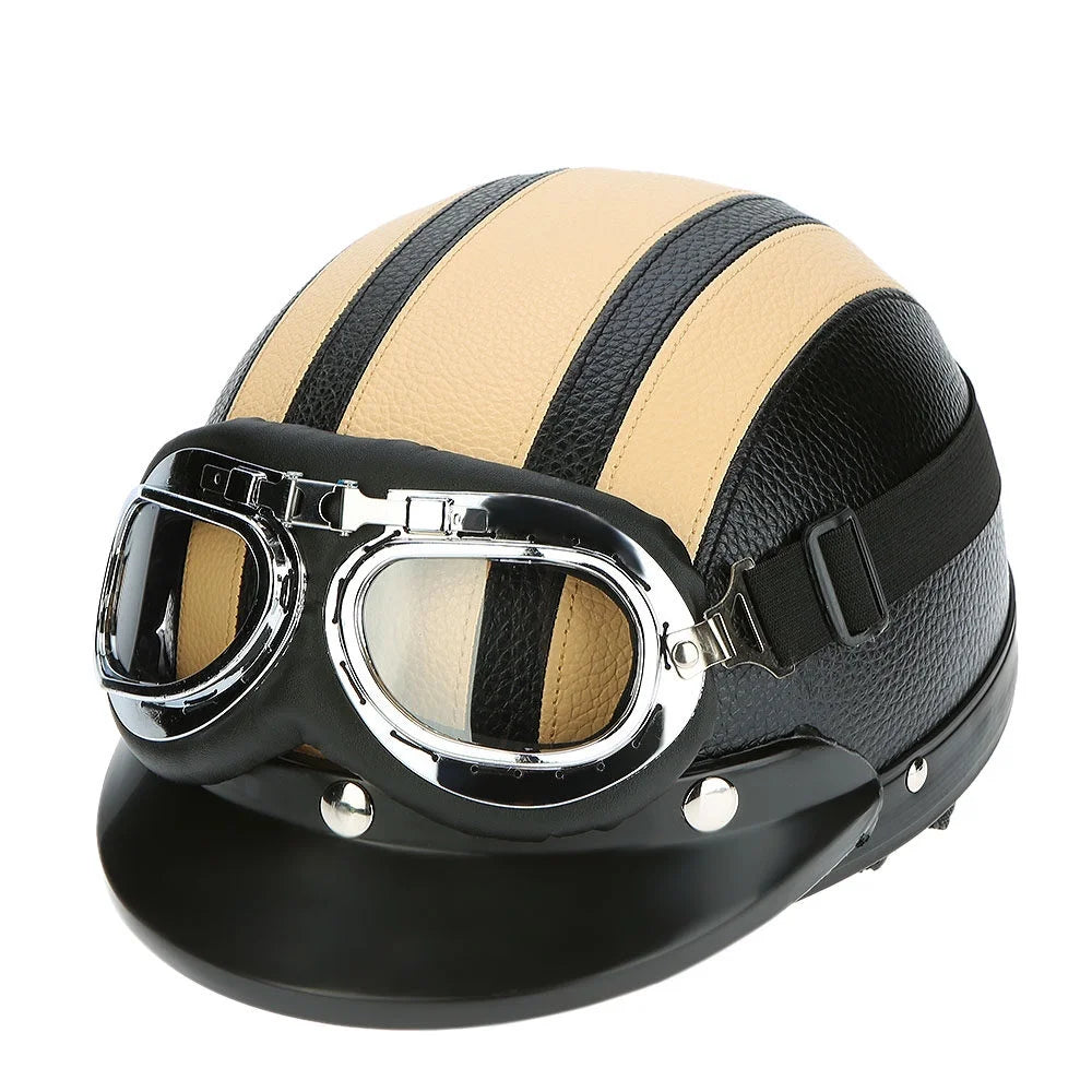 Motorcycle Scooter Open Face Half Leather Helmet with Visor UV Goggles 54-60cm Z69996