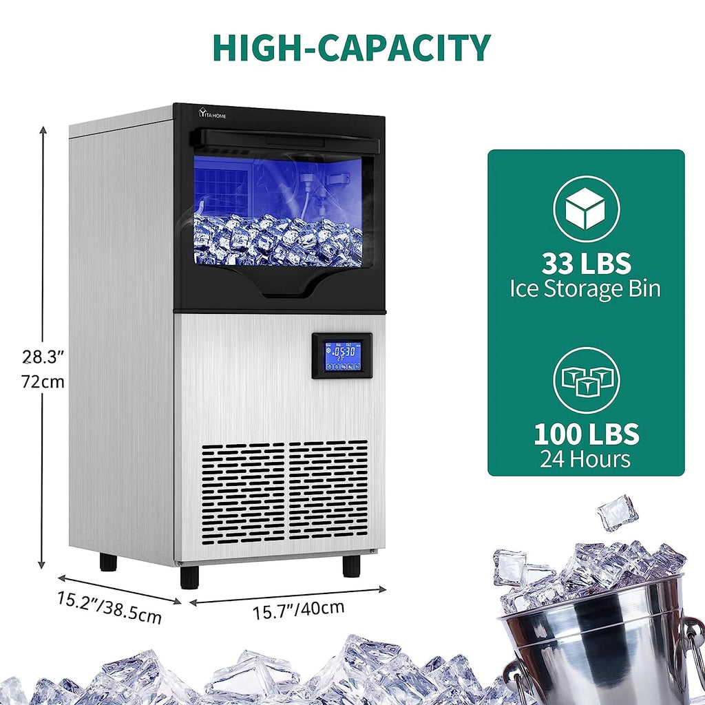 Commercial Ice Maker Machine 100lbs/24h with 33lbs Storage Bin, Stainless Steel Ice Scoop, Blue Light, Freestanding Ice Machine Water Bottle C664113