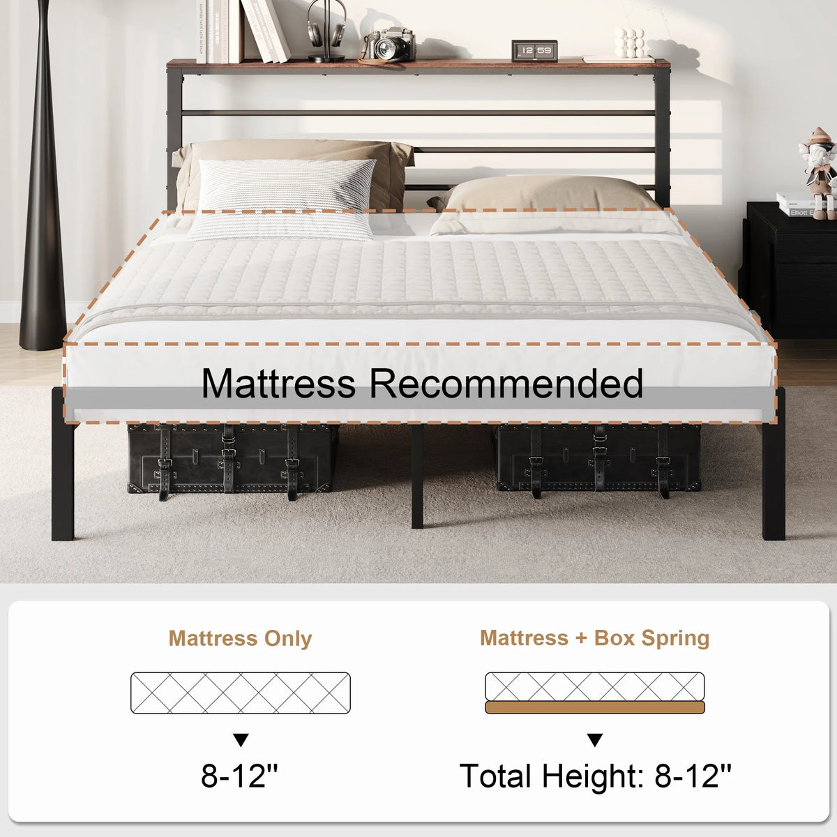 Queen Size Metal Platform Bed Frame with Shelf Headboard Z117416