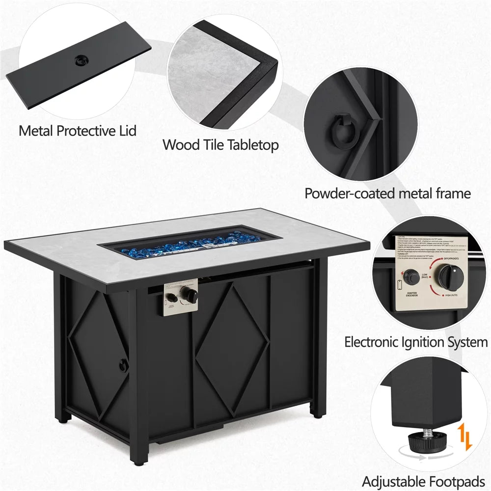 43in Propane Fire Pit Table with Ceramic Tabletop & Steel Base, Black E1001