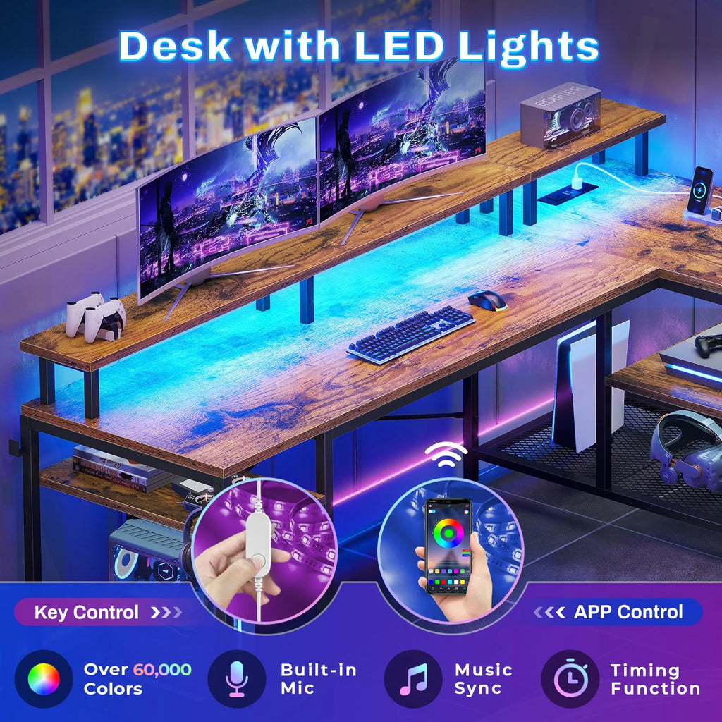 L Shaped Computer Desk with LED Lights and Power Outlet H407823