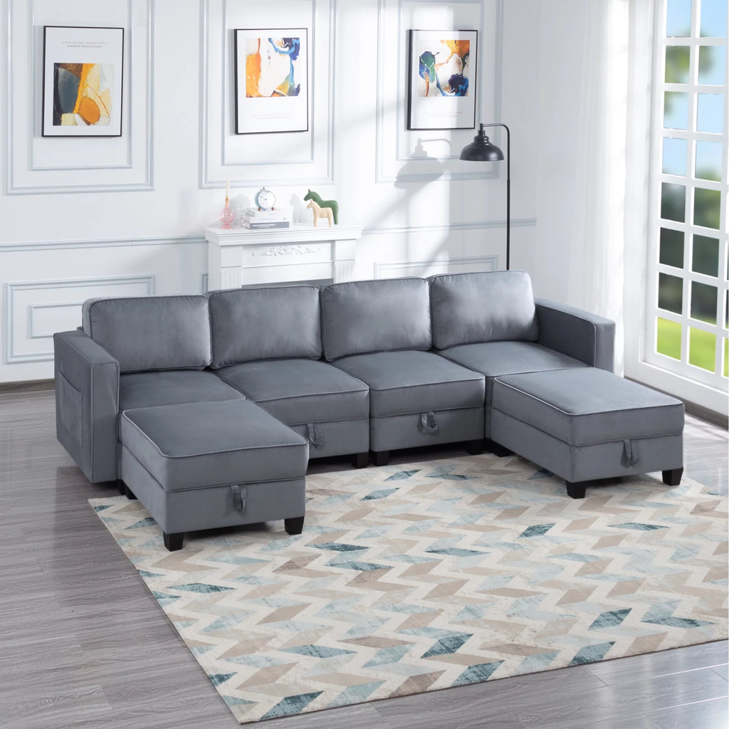 Dark gray Velvet Square Arm Sectional Sofa H24172