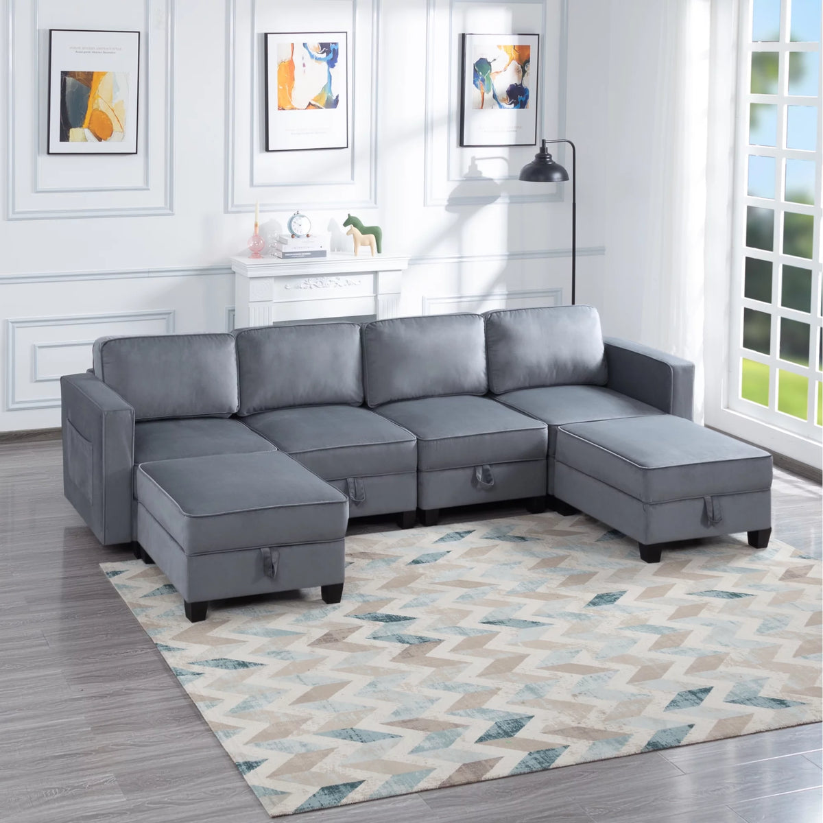 Dark gray Velvet Square Arm Sectional Sofa H24172