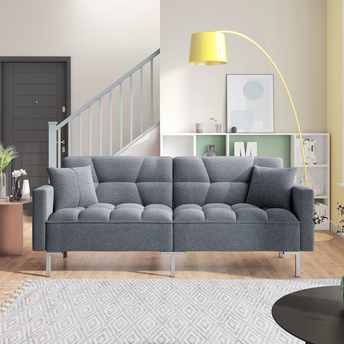 75" W Sectional Sofa Convertible Folding Futon Sofa Bed 3 Seat Couch with Linen Fabric P558