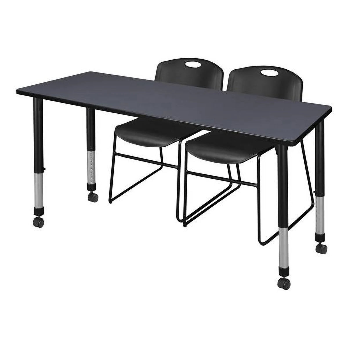 60 x 30 in. Grey Height Adjustable Mobile Classroom Table & 2 in. Black Stack Chairs W8408