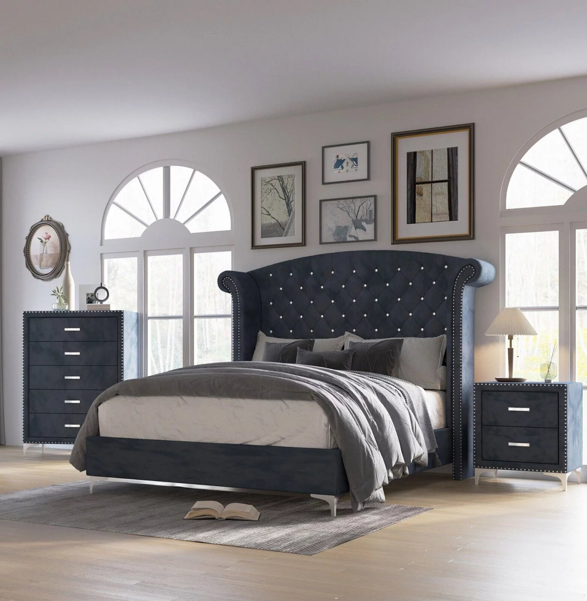 Dark Gray Velvet 3pc King Size Bedroom Set H646