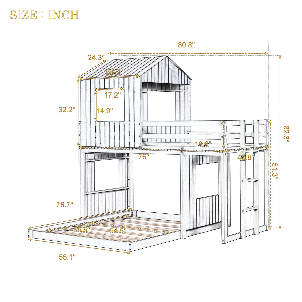 White Wooden Twin Over Full Bunk Bed with Ladder and Guardrails J32370