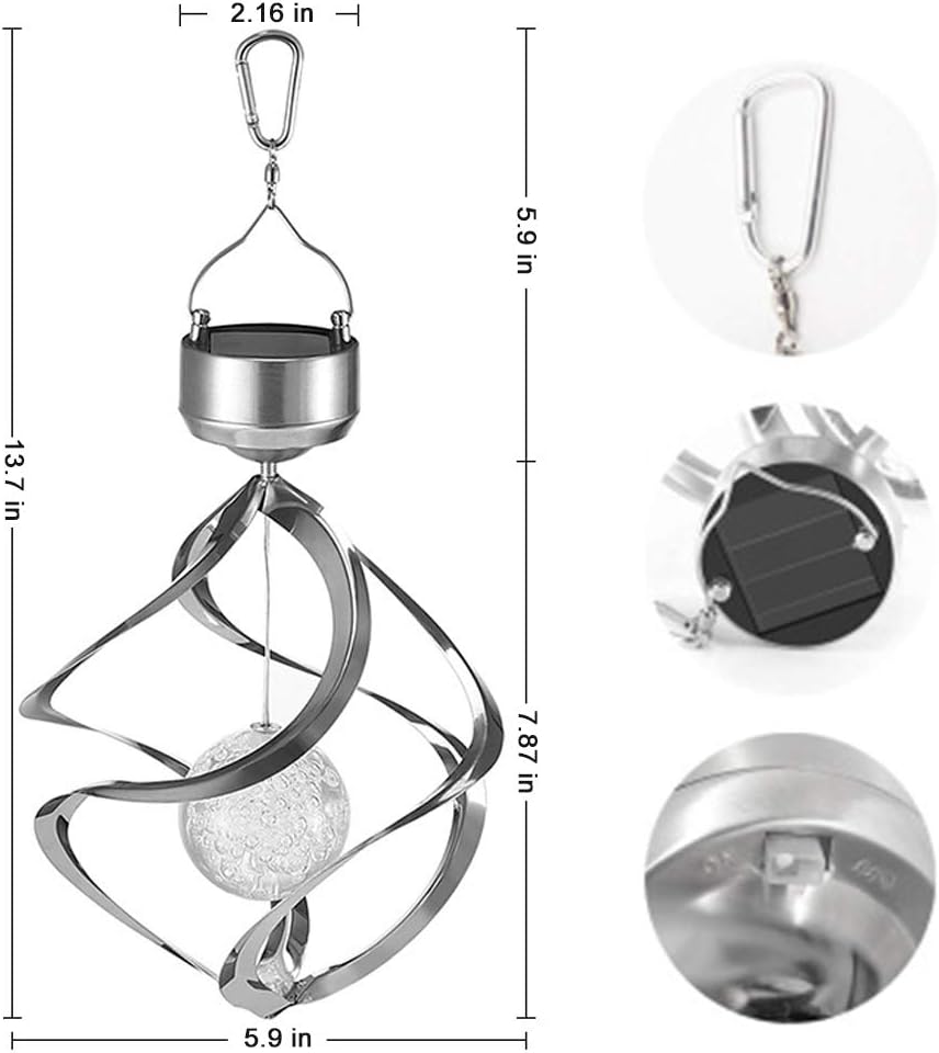 LED Solar Revolving Wind Chimes Hanging Spiral Lights J7811