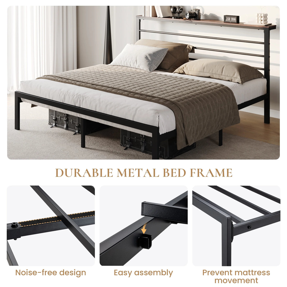 Queen Size Metal Platform Bed Frame with Shelf Headboard Z117416