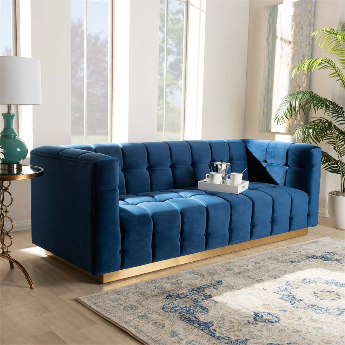 Navy Blue Gold Velvet Upholstered Sofa T5329