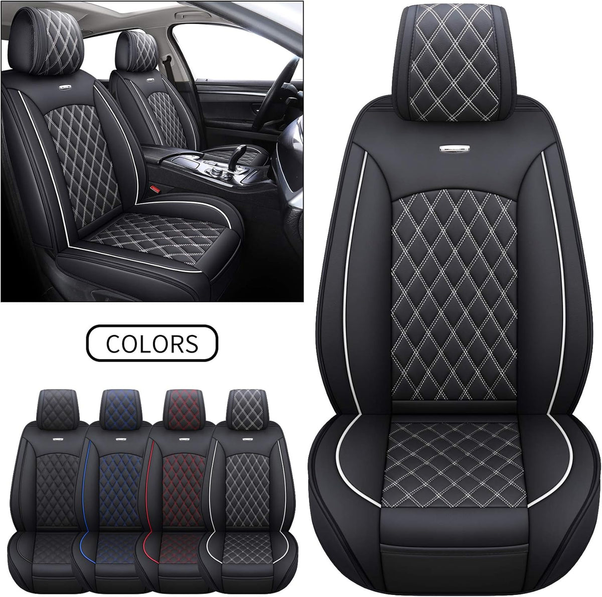 Waterproof Leather Car Seat Covers Full Set Black-Blue E28411