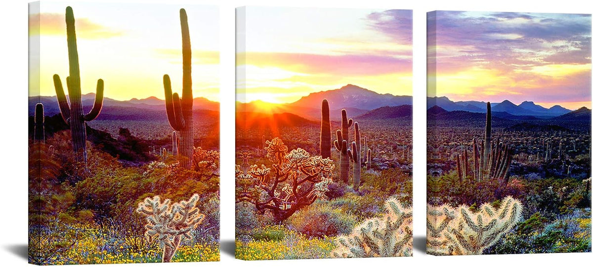 3 Piece Saguaro Cactus Canvas Wall Art Sunset at Arizona Sonoran Desert Landscape Painting Print F5463