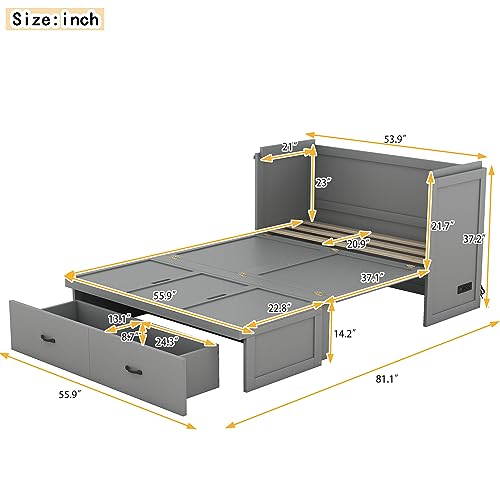 White Queen Size Foldable Wood Wall Bed Frame with Shelves and LED Lights Z620738