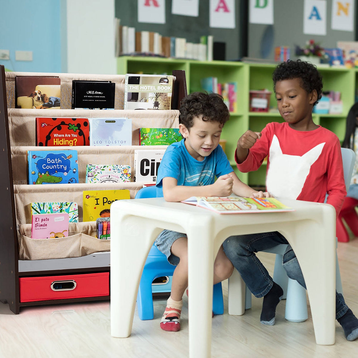 Beige Free Standing Kids Book Rack Bookshelf E8449