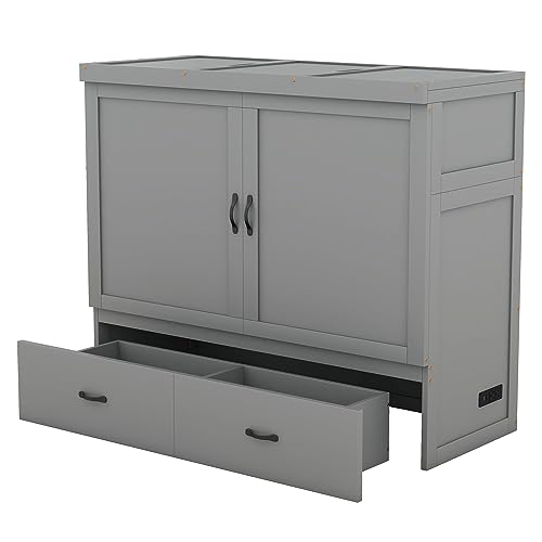 White Queen Size Foldable Wood Wall Bed Frame with Shelves and LED Lights Z620738