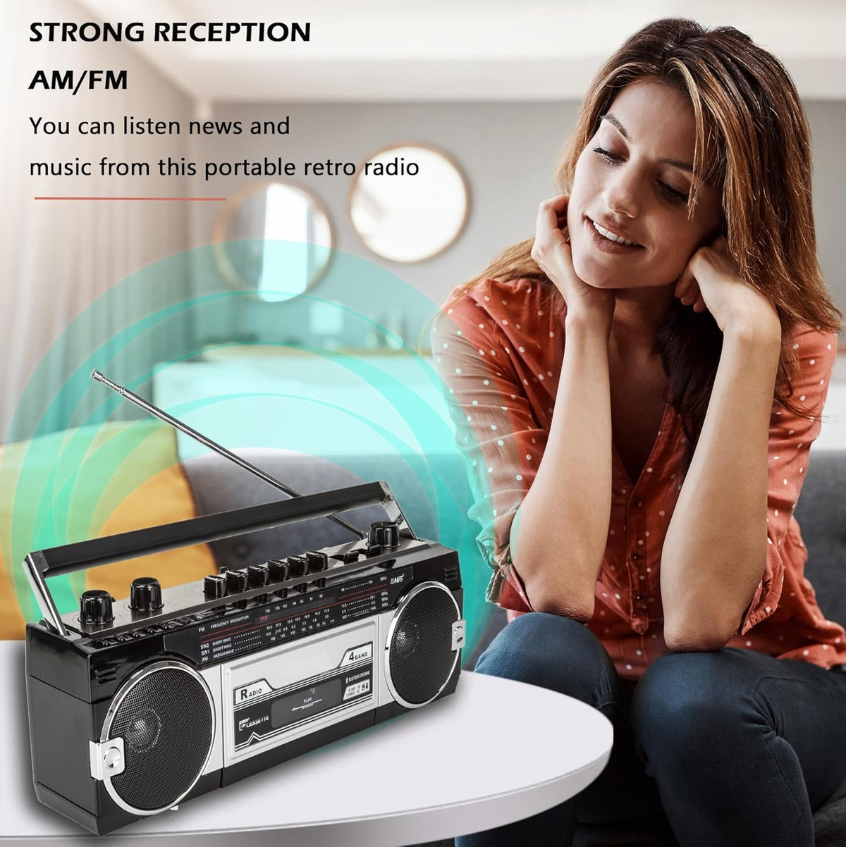 Black Retro Bluetooth Boombox Radio Cassette Player Recorder F43127