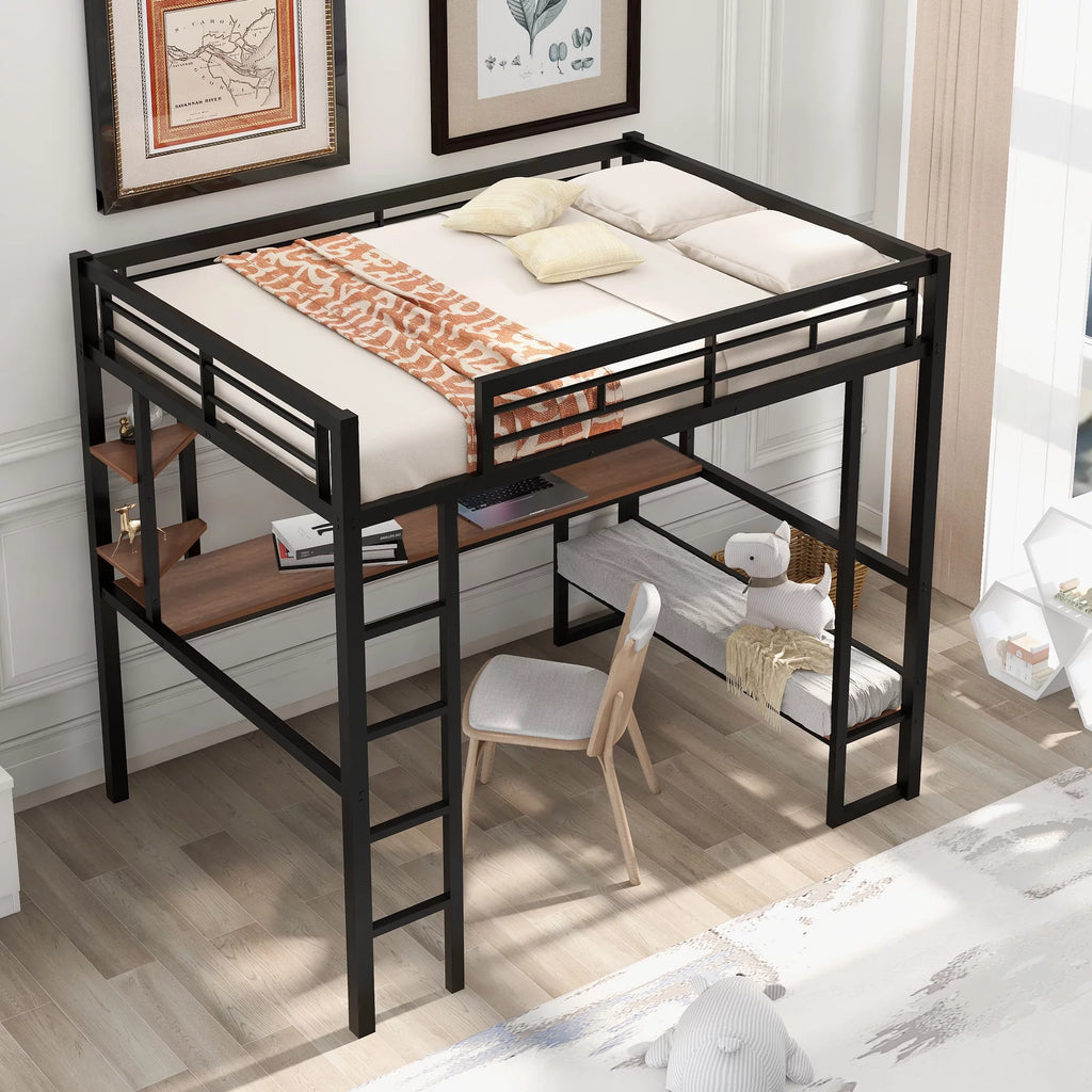 Black Full Metal Loft Bed with Desk and Storage Shelves Y61260