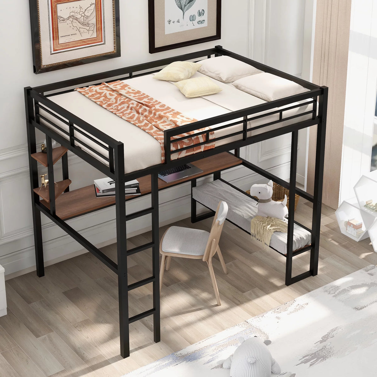 Black Full Metal Loft Bed with Desk and Storage Shelves Y61260