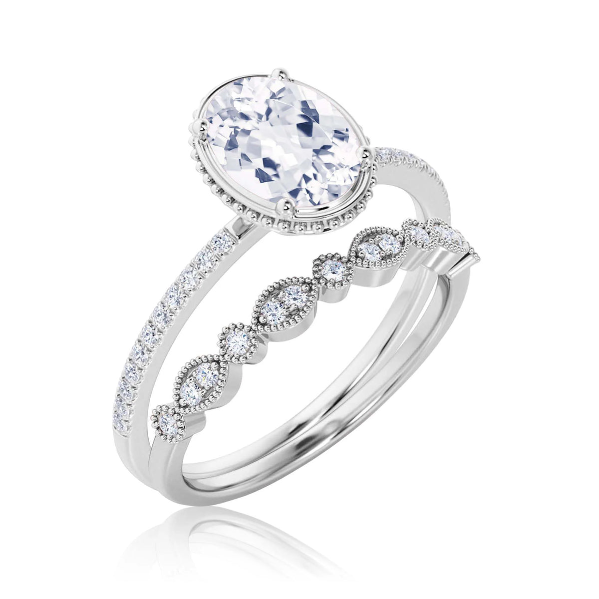 10k Solid White Gold Oval Cut Diamond Moissanite Engagement Ring with Matching Band I211625